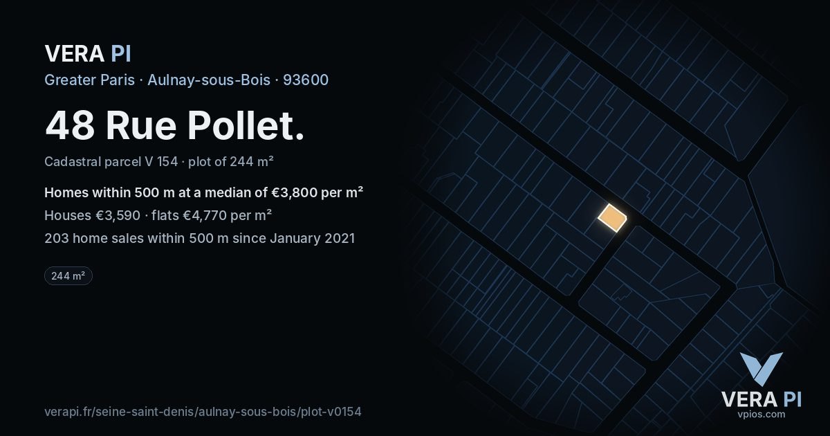48 Rue Pollet, Aulnay-sous-Bois at night – the plot lit, the parcels around coloured by the prices near them