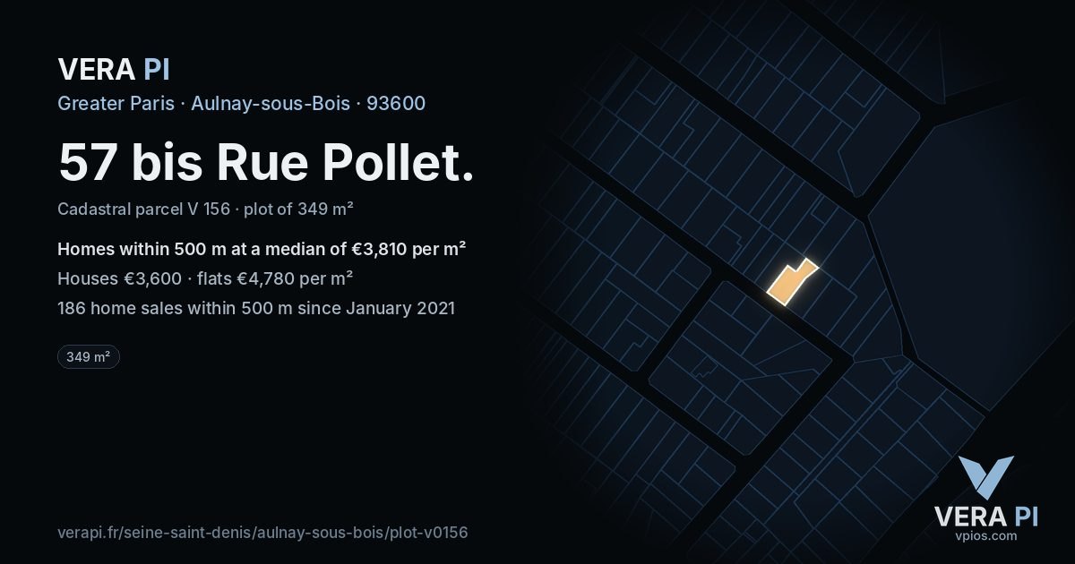 57 bis Rue Pollet, Aulnay-sous-Bois at night – the plot lit, the parcels around coloured by the prices near them