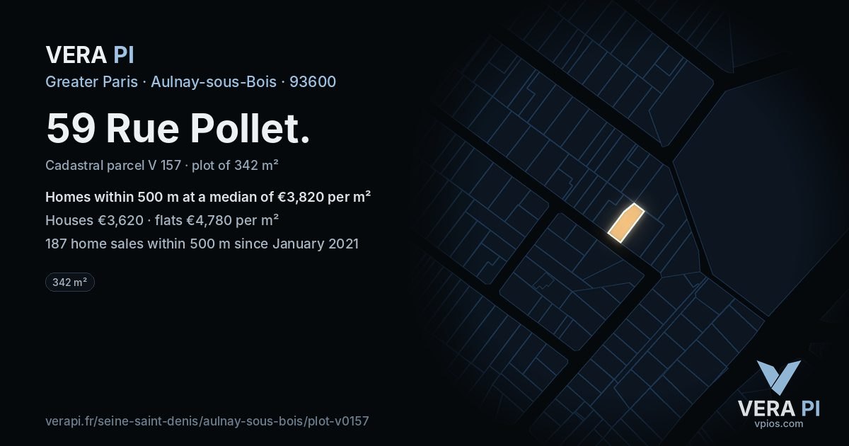 59 Rue Pollet, Aulnay-sous-Bois at night – the plot lit, the parcels around coloured by the prices near them