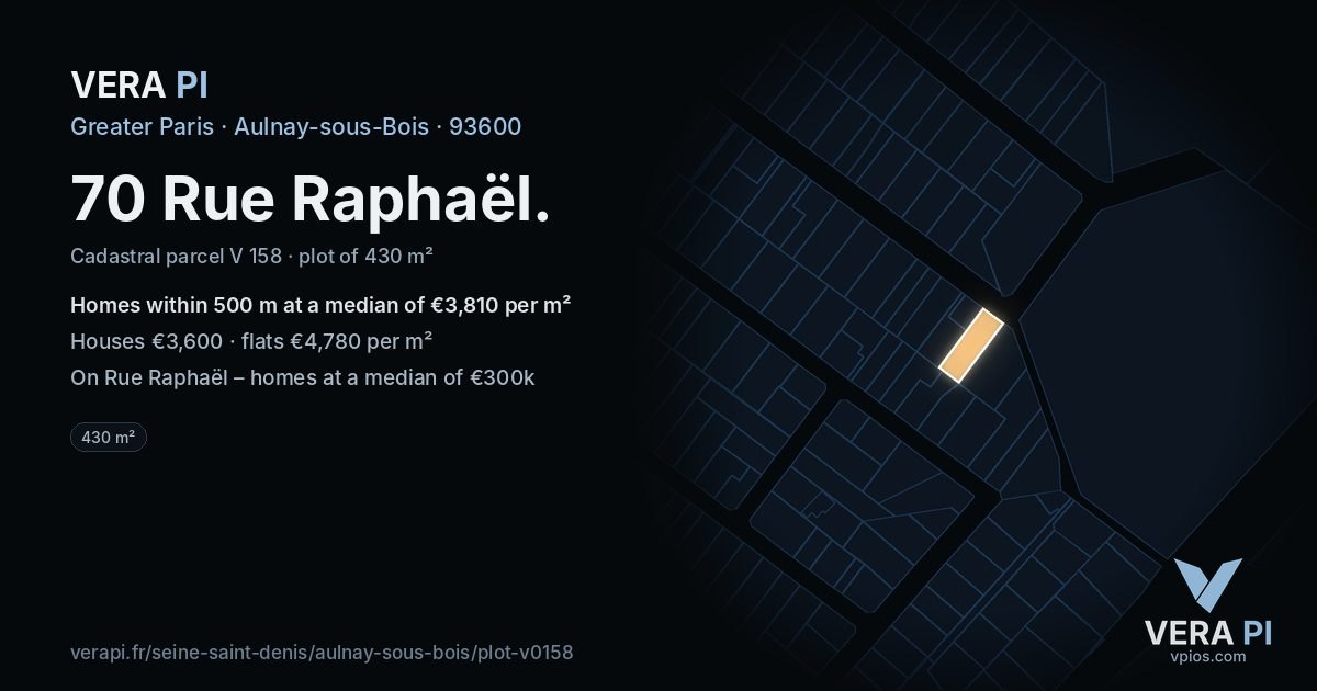 70 Rue Raphaël, Aulnay-sous-Bois at night – the plot lit, the parcels around coloured by the prices near them