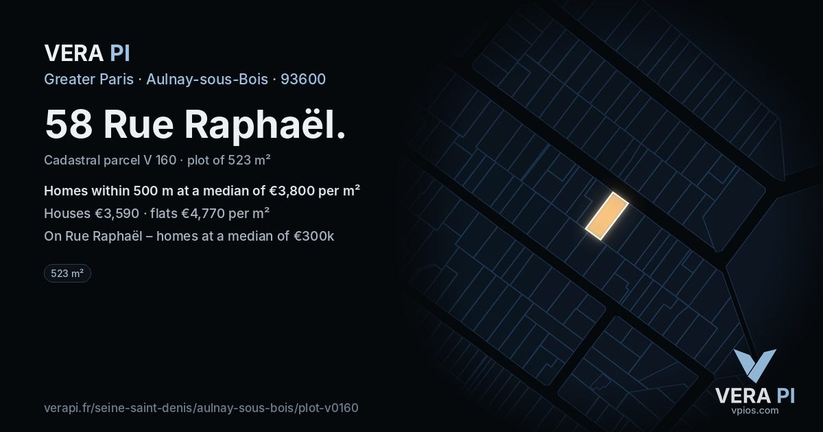 58 Rue Raphaël, Aulnay-sous-Bois at night – the plot lit, the parcels around coloured by the prices near them