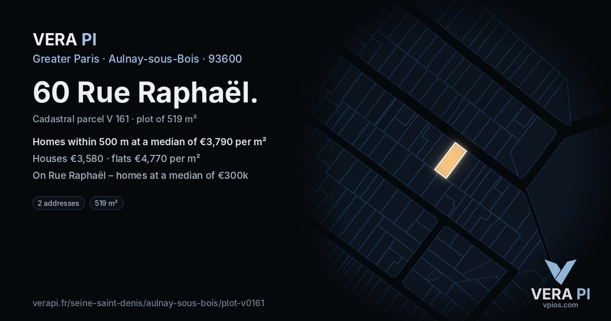60 Rue Raphaël, Aulnay-sous-Bois at night – the plot lit, the parcels around coloured by the prices near them