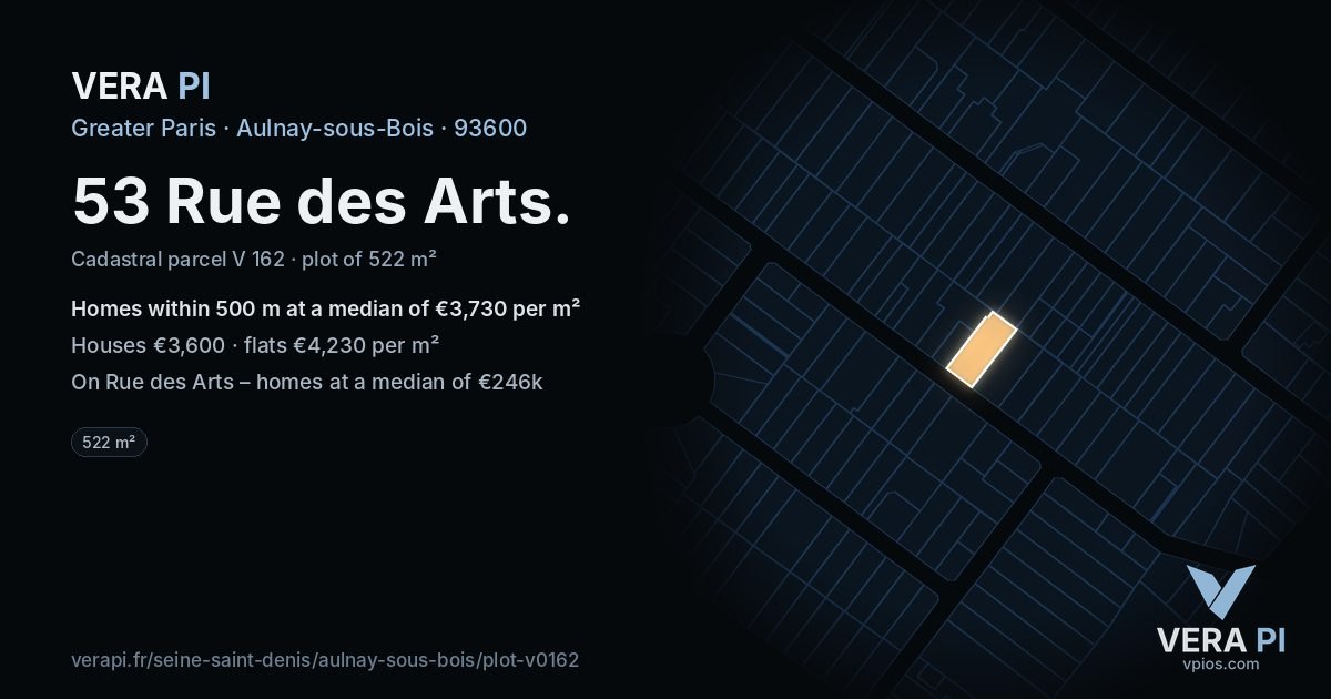 53 Rue des Arts, Aulnay-sous-Bois at night – the plot lit, the parcels around coloured by the prices near them