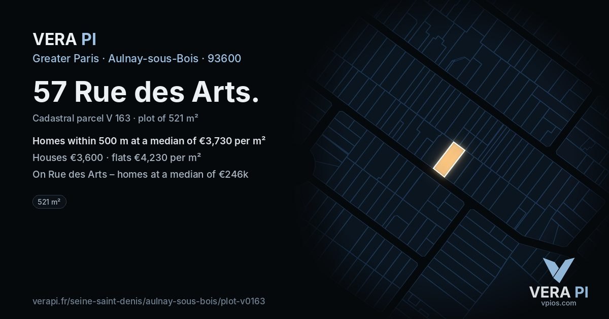 57 Rue des Arts, Aulnay-sous-Bois at night – the plot lit, the parcels around coloured by the prices near them