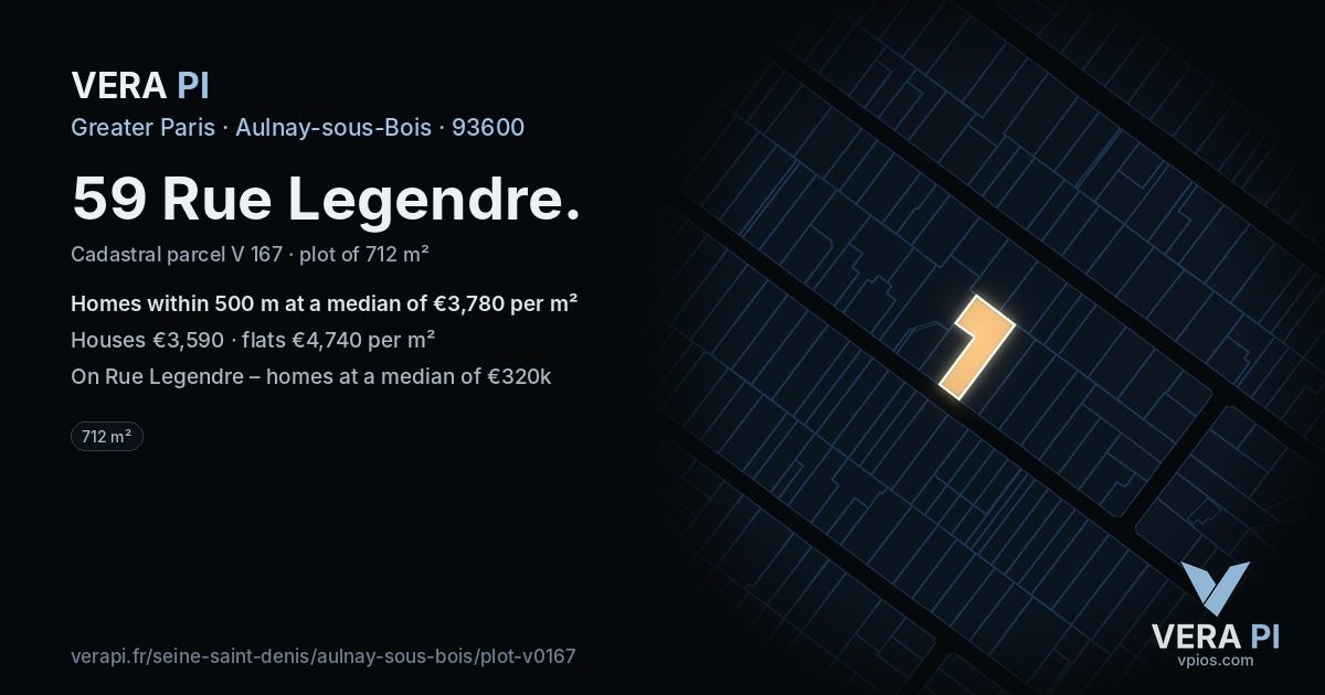 59 Rue Legendre, Aulnay-sous-Bois at night – the plot lit, the parcels around coloured by the prices near them