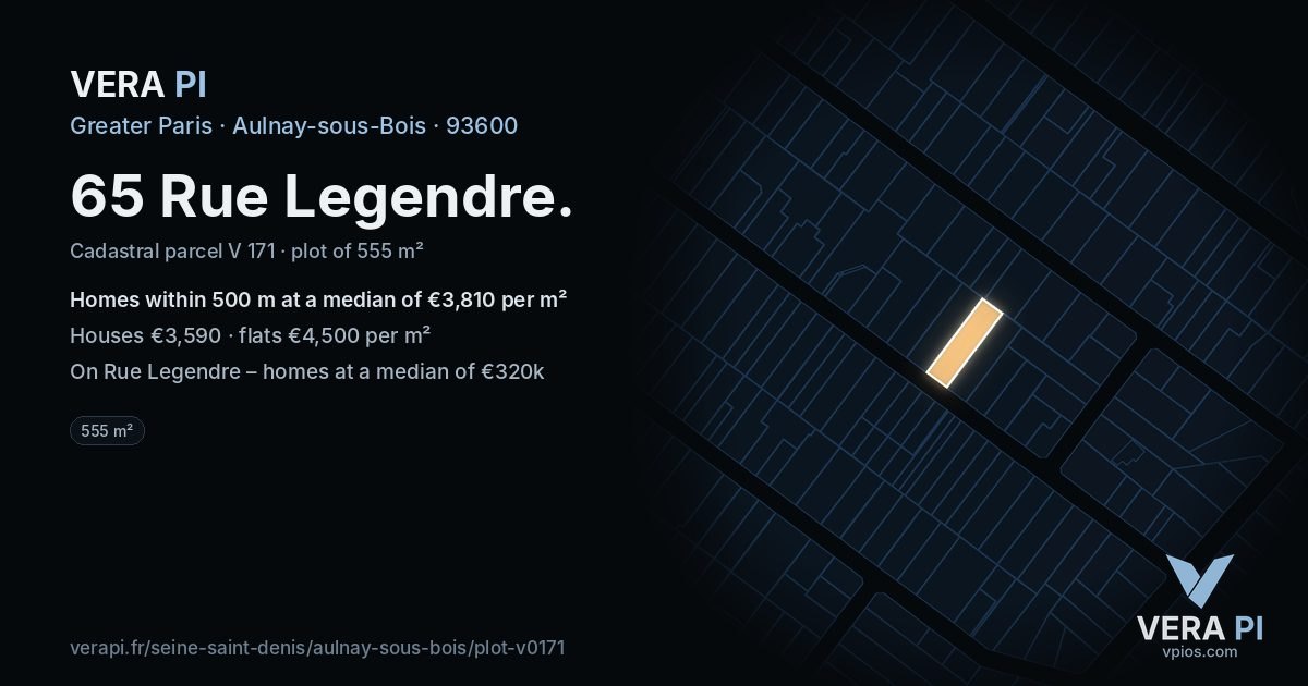 65 Rue Legendre, Aulnay-sous-Bois at night – the plot lit, the parcels around coloured by the prices near them