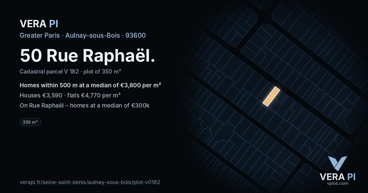 50 Rue Raphaël, Aulnay-sous-Bois at night – the plot lit, the parcels around coloured by the prices near them