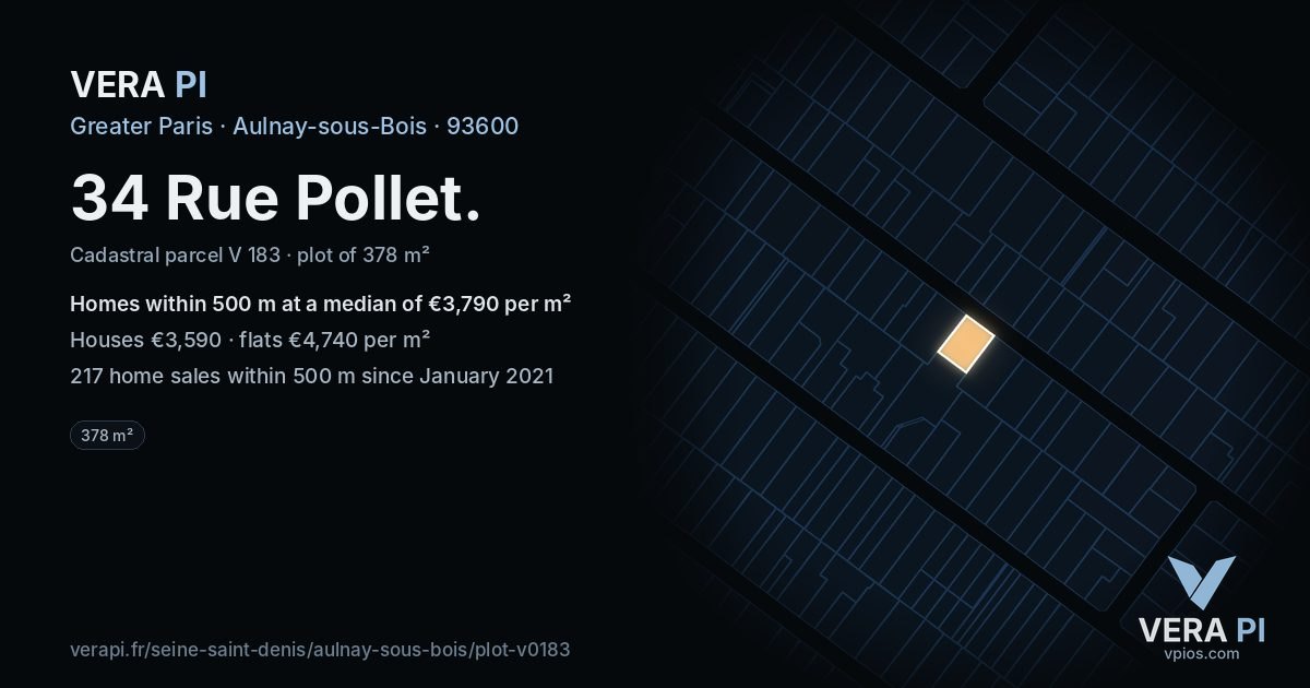 34 Rue Pollet, Aulnay-sous-Bois at night – the plot lit, the parcels around coloured by the prices near them