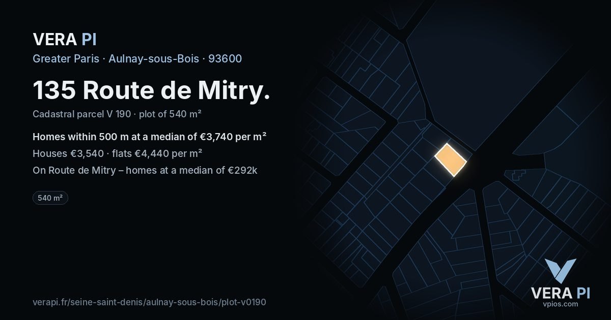 135 Route de Mitry, Aulnay-sous-Bois at night – the plot lit, the parcels around coloured by the prices near them