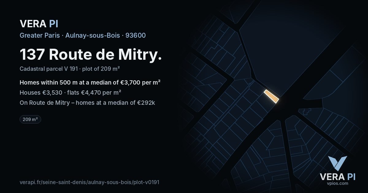 137 Route de Mitry, Aulnay-sous-Bois at night – the plot lit, the parcels around coloured by the prices near them