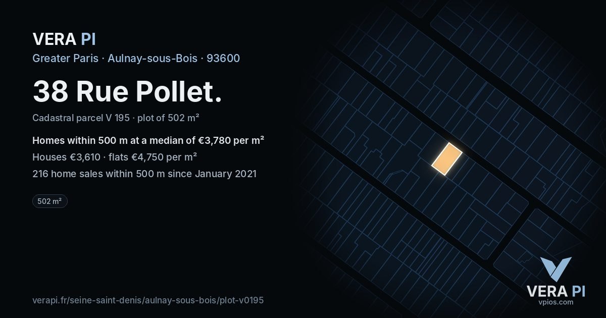 38 Rue Pollet, Aulnay-sous-Bois at night – the plot lit, the parcels around coloured by the prices near them