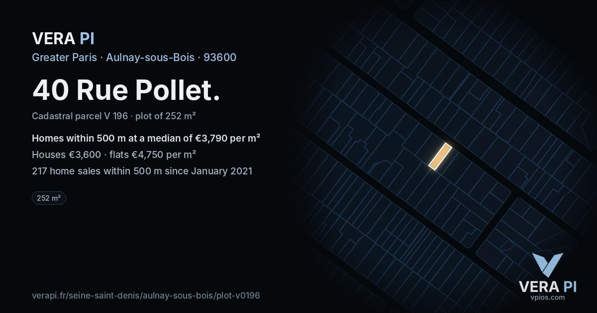 40 Rue Pollet, Aulnay-sous-Bois at night – the plot lit, the parcels around coloured by the prices near them