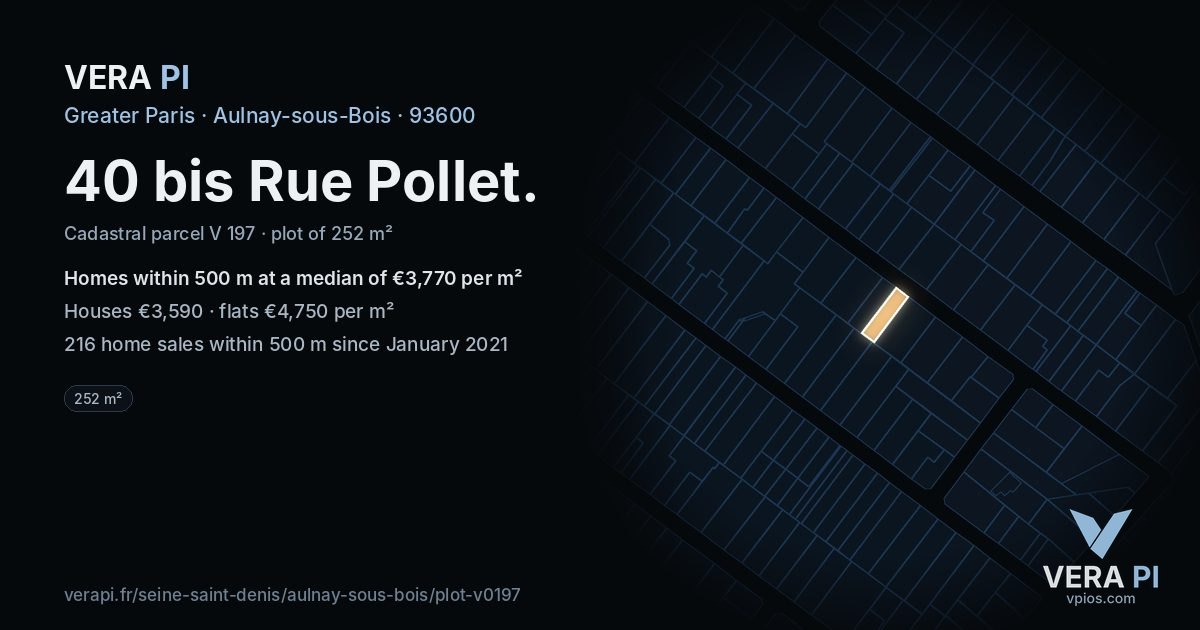 40 bis Rue Pollet, Aulnay-sous-Bois at night – the plot lit, the parcels around coloured by the prices near them