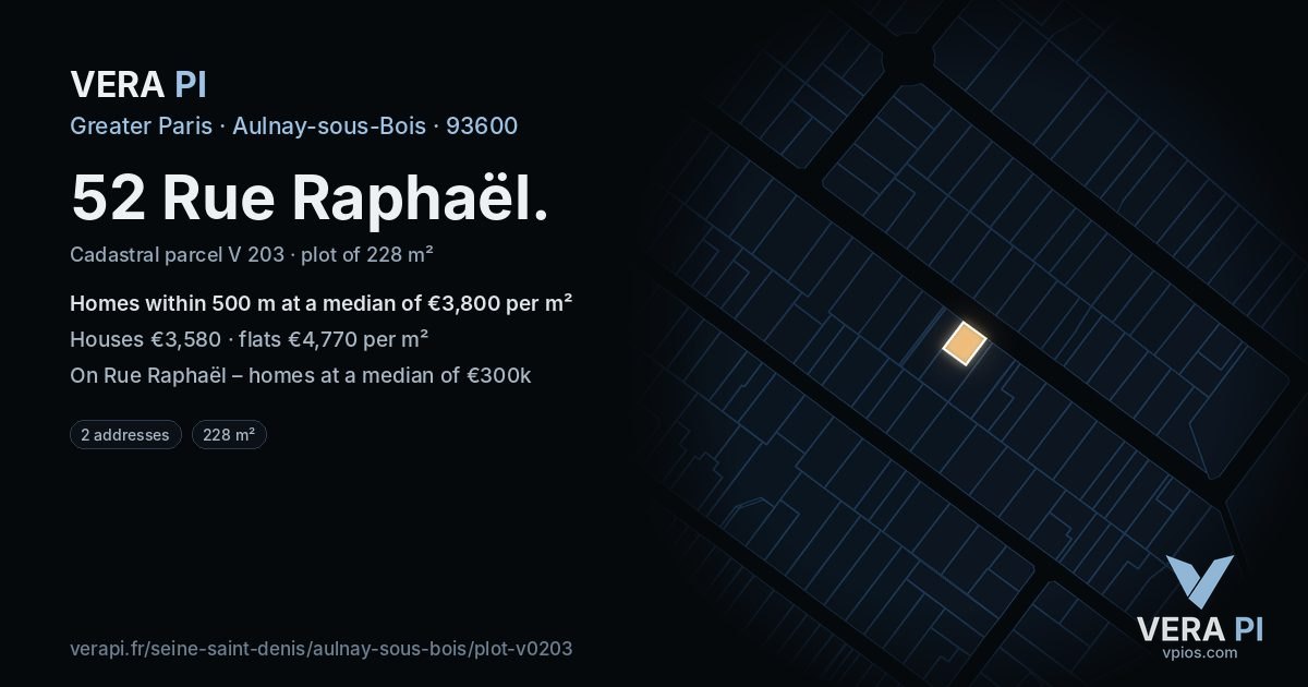 52 Rue Raphaël, Aulnay-sous-Bois at night – the plot lit, the parcels around coloured by the prices near them