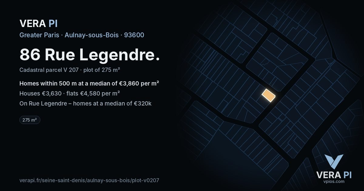 86 Rue Legendre, Aulnay-sous-Bois at night – the plot lit, the parcels around coloured by the prices near them