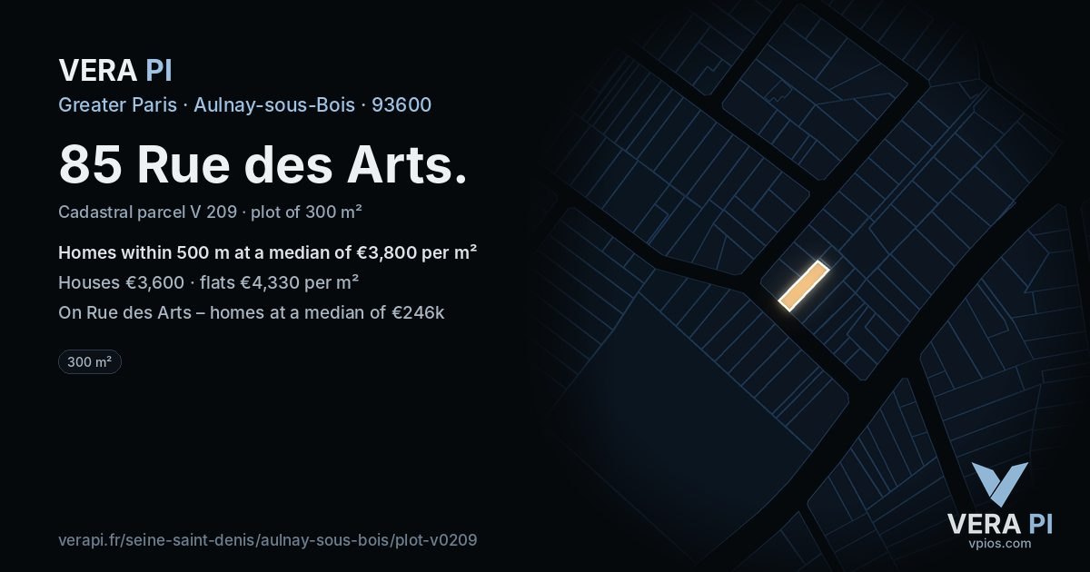 85 Rue des Arts, Aulnay-sous-Bois at night – the plot lit, the parcels around coloured by the prices near them