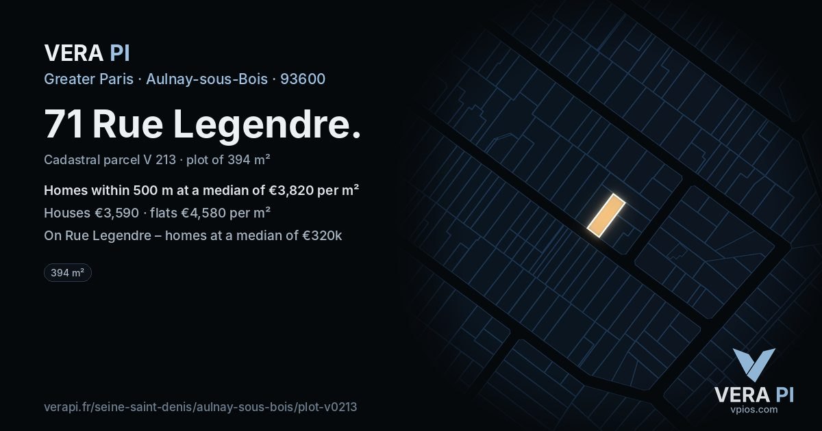 71 Rue Legendre, Aulnay-sous-Bois at night – the plot lit, the parcels around coloured by the prices near them