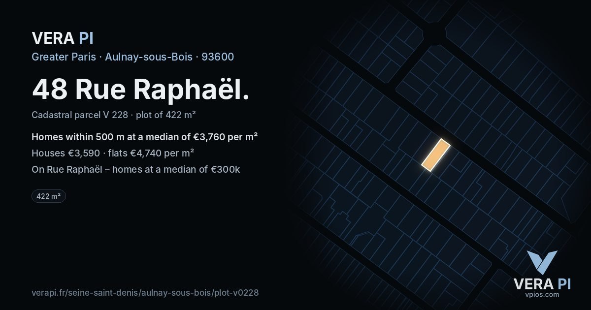 48 Rue Raphaël, Aulnay-sous-Bois at night – the plot lit, the parcels around coloured by the prices near them