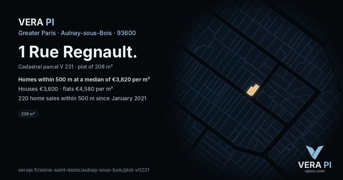 1 Rue Regnault, Aulnay-sous-Bois at night – the plot lit, the parcels around coloured by the prices near them