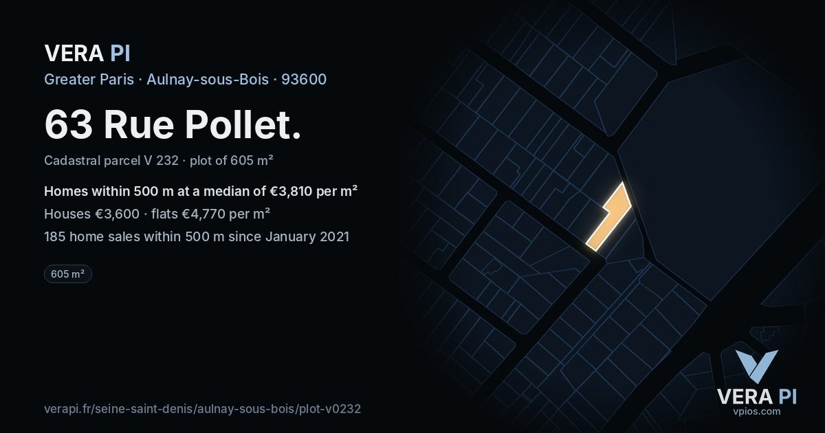 63 Rue Pollet, Aulnay-sous-Bois at night – the plot lit, the parcels around coloured by the prices near them