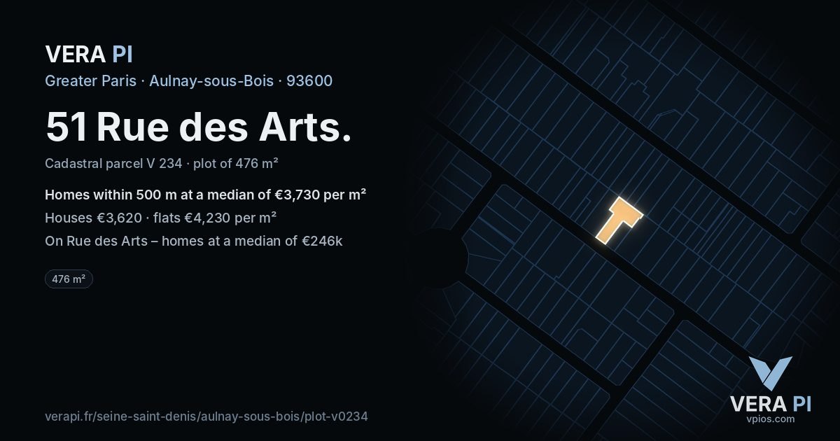 51 Rue des Arts, Aulnay-sous-Bois at night – the plot lit, the parcels around coloured by the prices near them