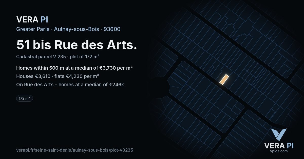 51 bis Rue des Arts, Aulnay-sous-Bois at night – the plot lit, the parcels around coloured by the prices near them