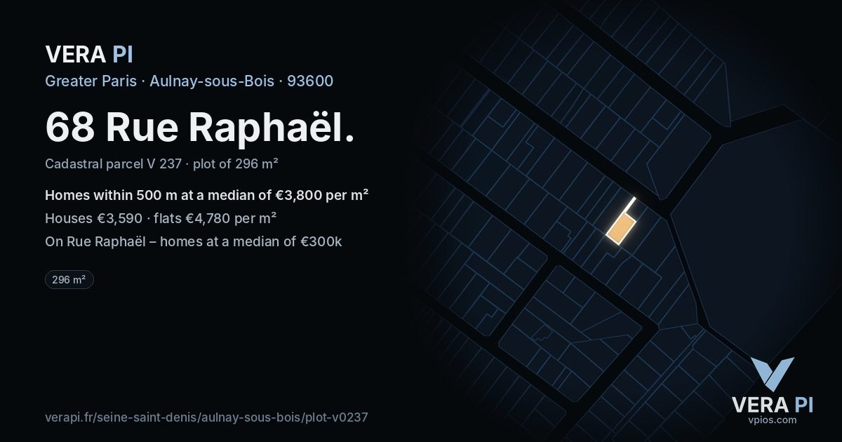 68 Rue Raphaël, Aulnay-sous-Bois at night – the plot lit, the parcels around coloured by the prices near them
