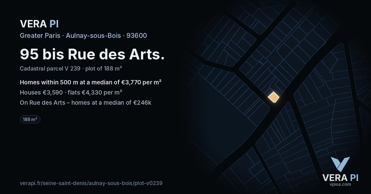 95 bis Rue des Arts, Aulnay-sous-Bois at night – the plot lit, the parcels around coloured by the prices near them