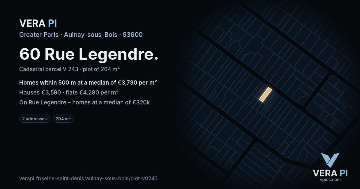 60 Rue Legendre, Aulnay-sous-Bois at night – the plot lit, the parcels around coloured by the prices near them