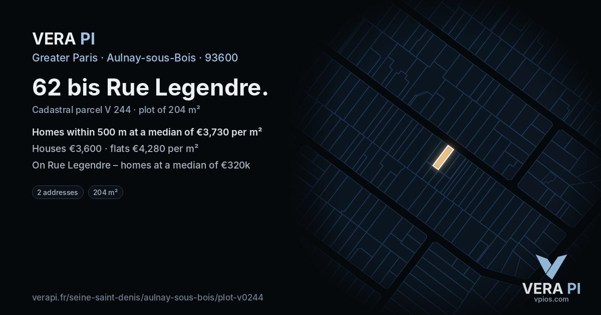 62 bis Rue Legendre, Aulnay-sous-Bois at night – the plot lit, the parcels around coloured by the prices near them