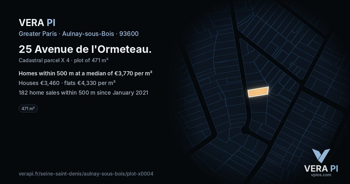 25 Avenue de l'Ormeteau, Aulnay-sous-Bois at night – the plot lit, the parcels around coloured by the prices near them