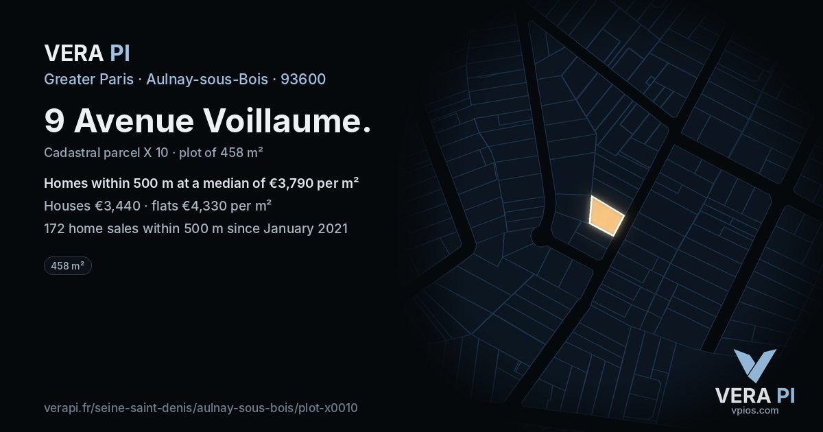 9 Avenue Voillaume, Aulnay-sous-Bois at night – the plot lit, the parcels around coloured by the prices near them