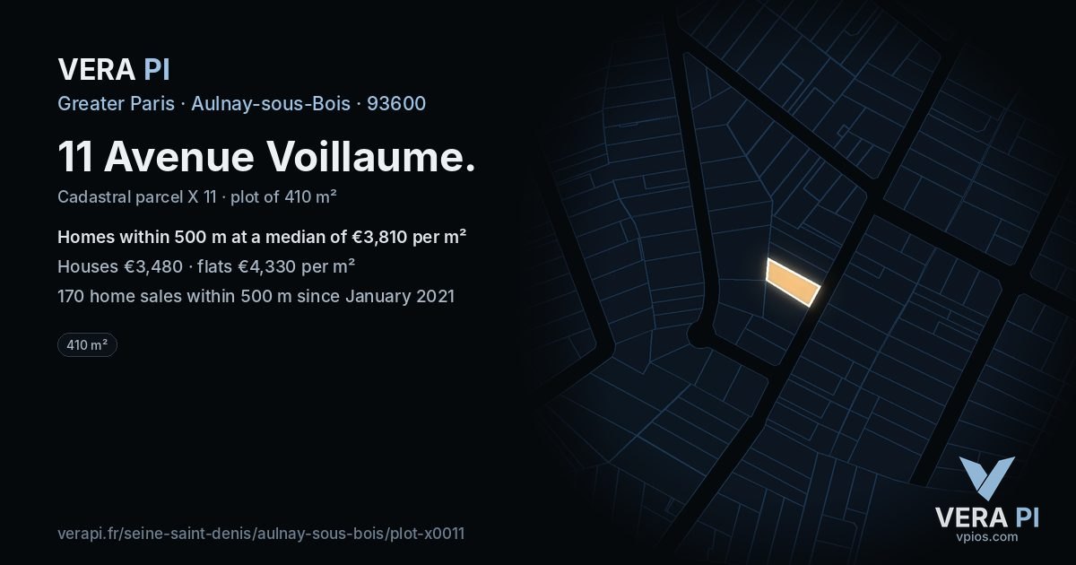 11 Avenue Voillaume, Aulnay-sous-Bois at night – the plot lit, the parcels around coloured by the prices near them