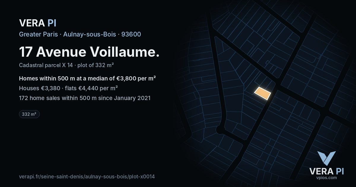 17 Avenue Voillaume, Aulnay-sous-Bois at night – the plot lit, the parcels around coloured by the prices near them