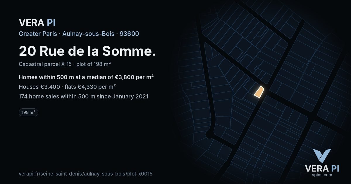 20 Rue de la Somme, Aulnay-sous-Bois at night – the plot lit, the parcels around coloured by the prices near them