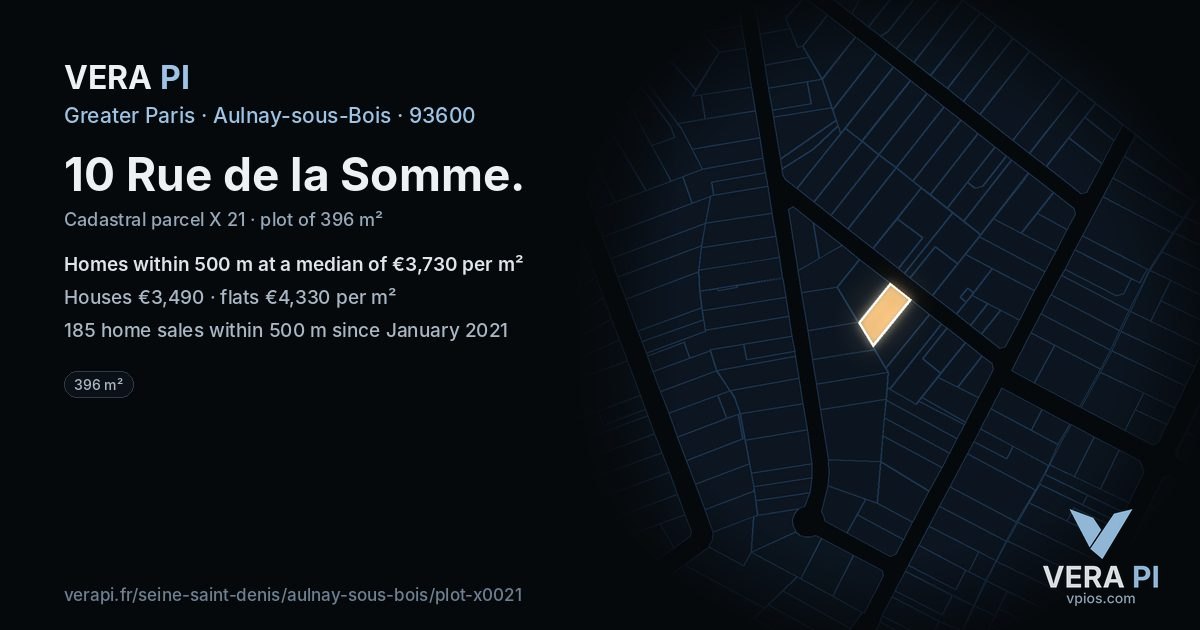 10 Rue de la Somme, Aulnay-sous-Bois at night – the plot lit, the parcels around coloured by the prices near them