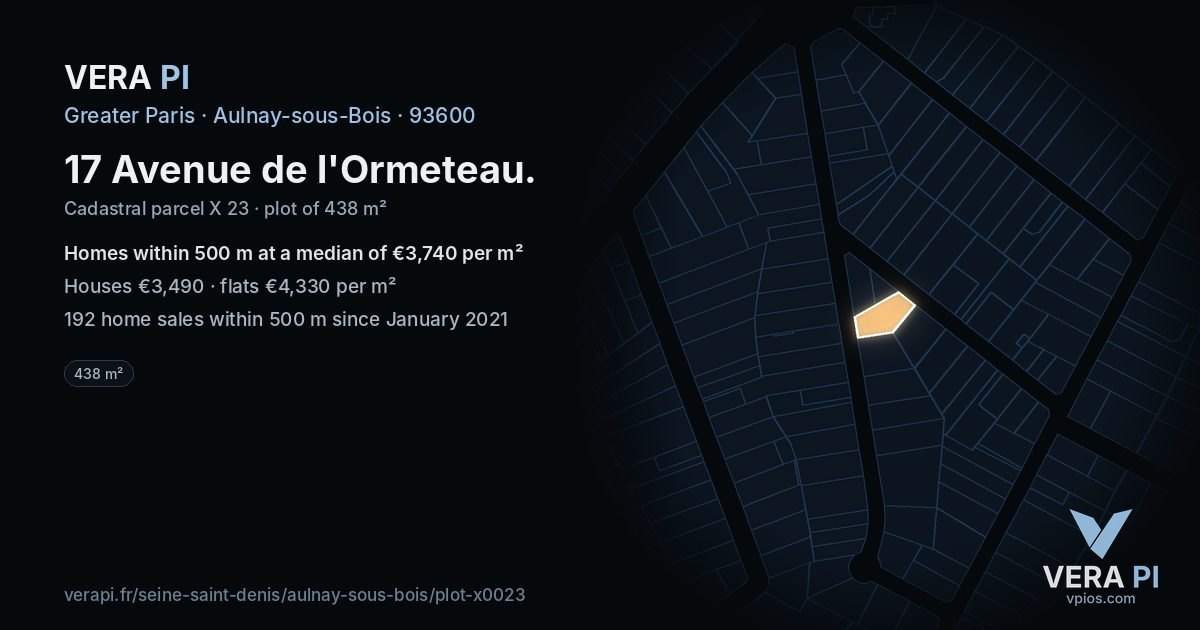 17 Avenue de l'Ormeteau, Aulnay-sous-Bois at night – the plot lit, the parcels around coloured by the prices near them