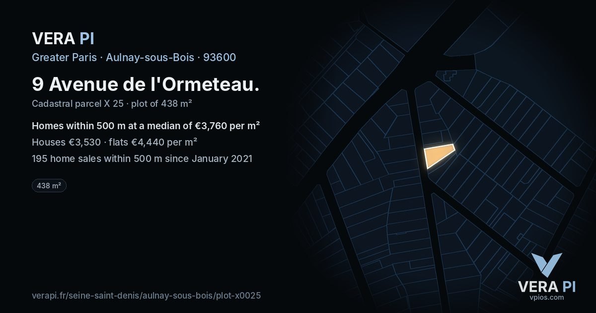9 Avenue de l'Ormeteau, Aulnay-sous-Bois at night – the plot lit, the parcels around coloured by the prices near them