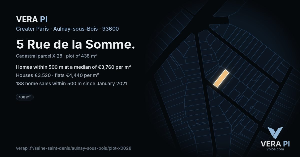 5 Rue de la Somme, Aulnay-sous-Bois at night – the plot lit, the parcels around coloured by the prices near them