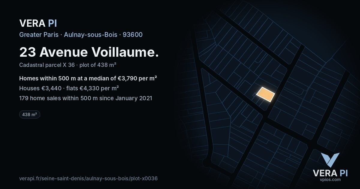 23 Avenue Voillaume, Aulnay-sous-Bois at night – the plot lit, the parcels around coloured by the prices near them