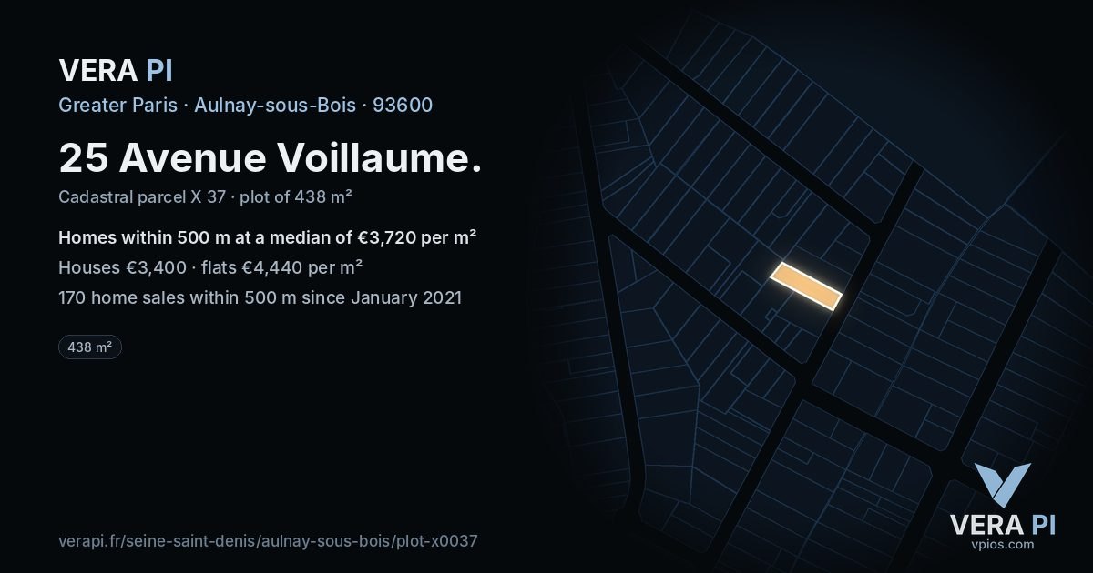25 Avenue Voillaume, Aulnay-sous-Bois at night – the plot lit, the parcels around coloured by the prices near them