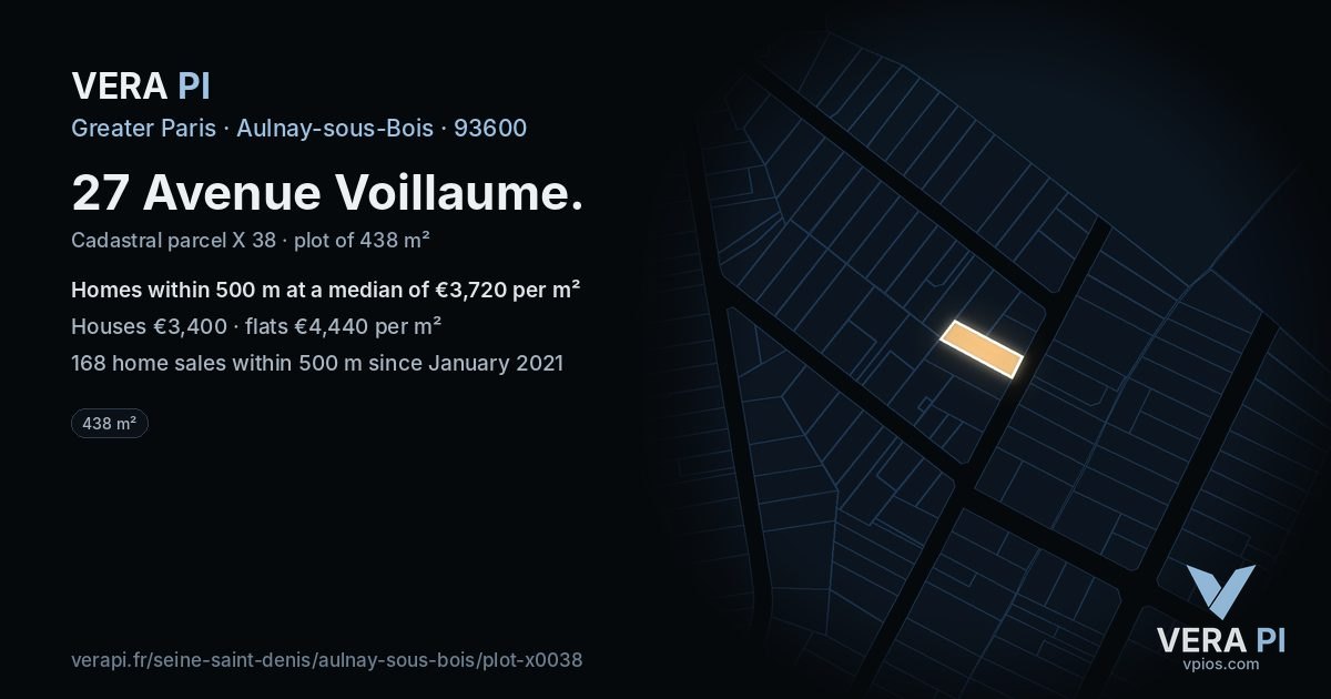 27 Avenue Voillaume, Aulnay-sous-Bois at night – the plot lit, the parcels around coloured by the prices near them