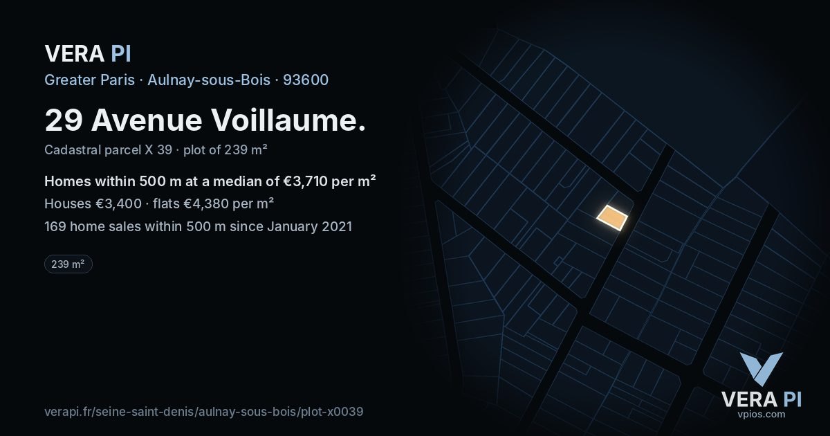 29 Avenue Voillaume, Aulnay-sous-Bois at night – the plot lit, the parcels around coloured by the prices near them