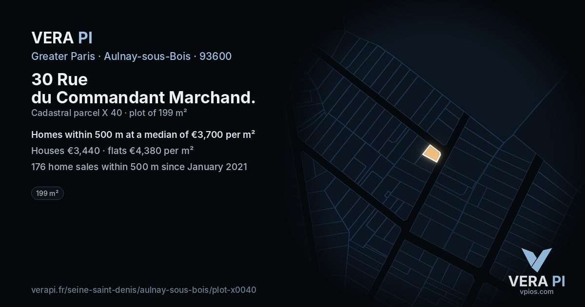 30 Rue du Commandant Marchand, Aulnay-sous-Bois at night – the plot lit, the parcels around coloured by the prices near them