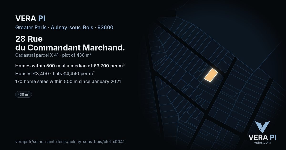 28 Rue du Commandant Marchand, Aulnay-sous-Bois at night – the plot lit, the parcels around coloured by the prices near them