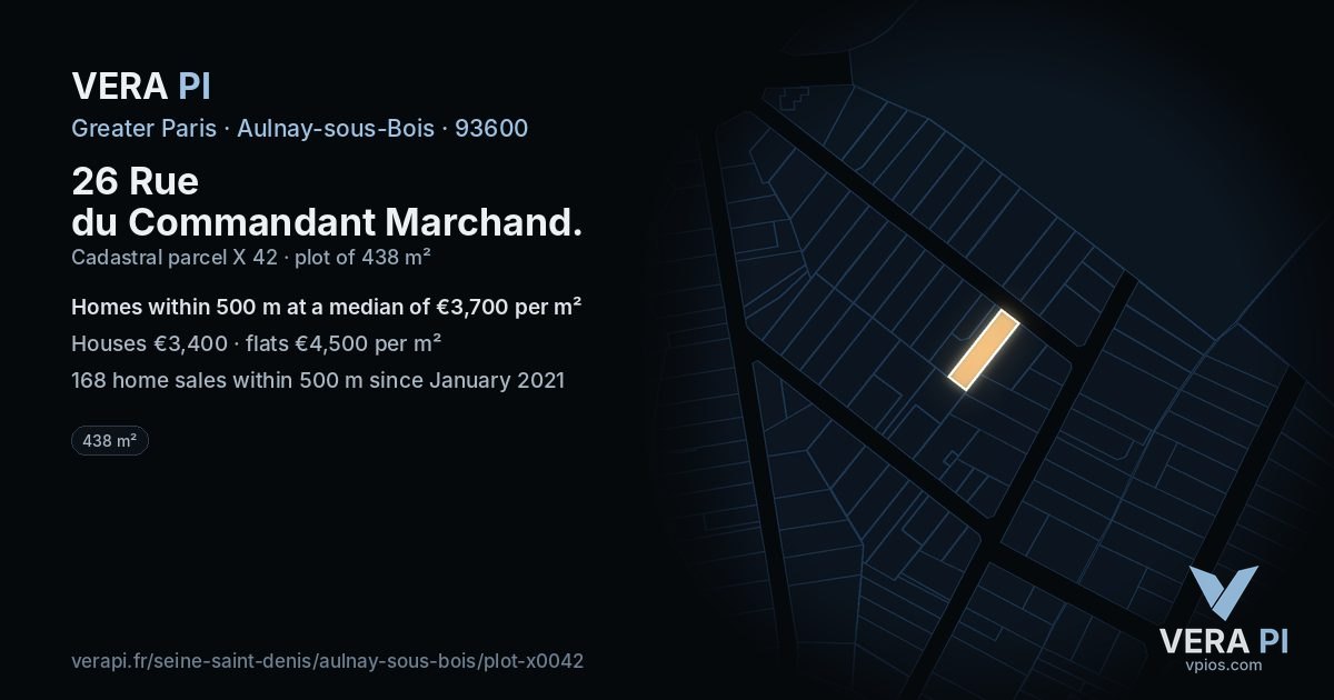 26 Rue du Commandant Marchand, Aulnay-sous-Bois at night – the plot lit, the parcels around coloured by the prices near them
