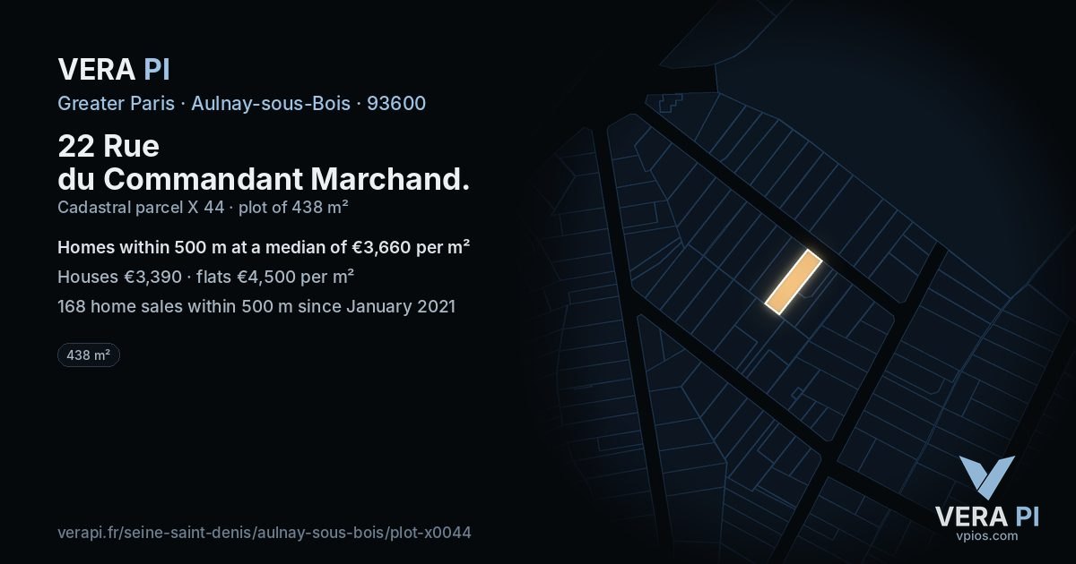 22 Rue du Commandant Marchand, Aulnay-sous-Bois at night – the plot lit, the parcels around coloured by the prices near them