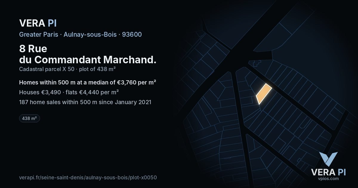 8 Rue du Commandant Marchand, Aulnay-sous-Bois at night – the plot lit, the parcels around coloured by the prices near them
