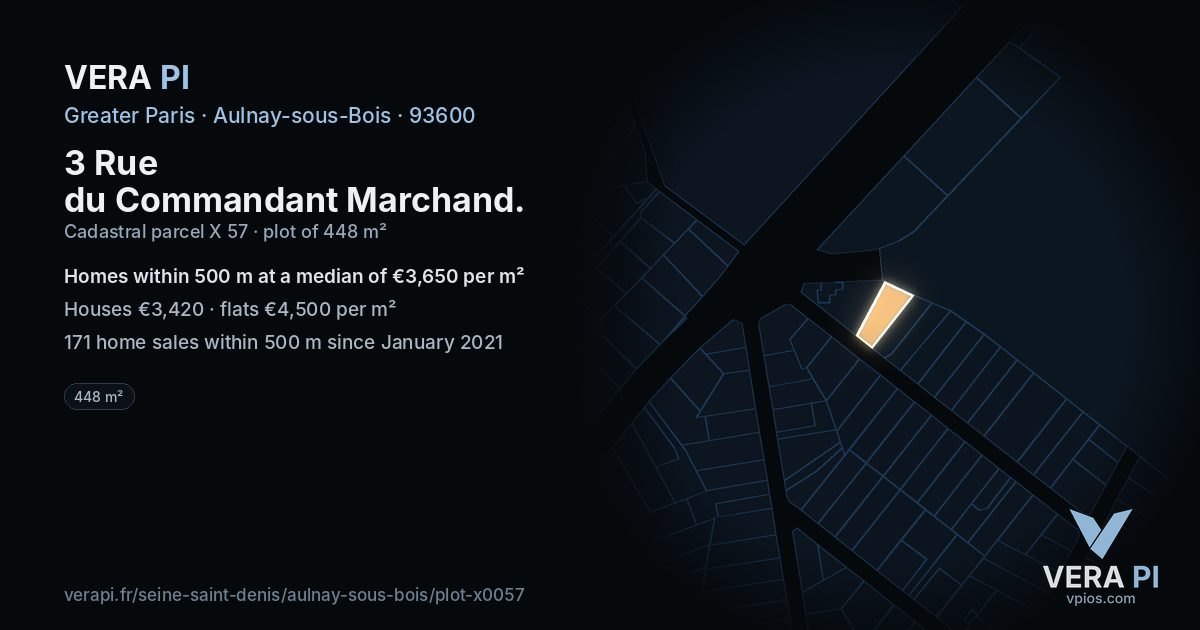 3 Rue du Commandant Marchand, Aulnay-sous-Bois at night – the plot lit, the parcels around coloured by the prices near them