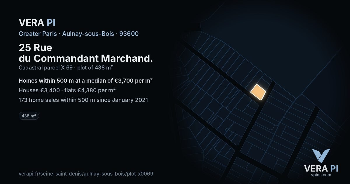 25 Rue du Commandant Marchand, Aulnay-sous-Bois at night – the plot lit, the parcels around coloured by the prices near them
